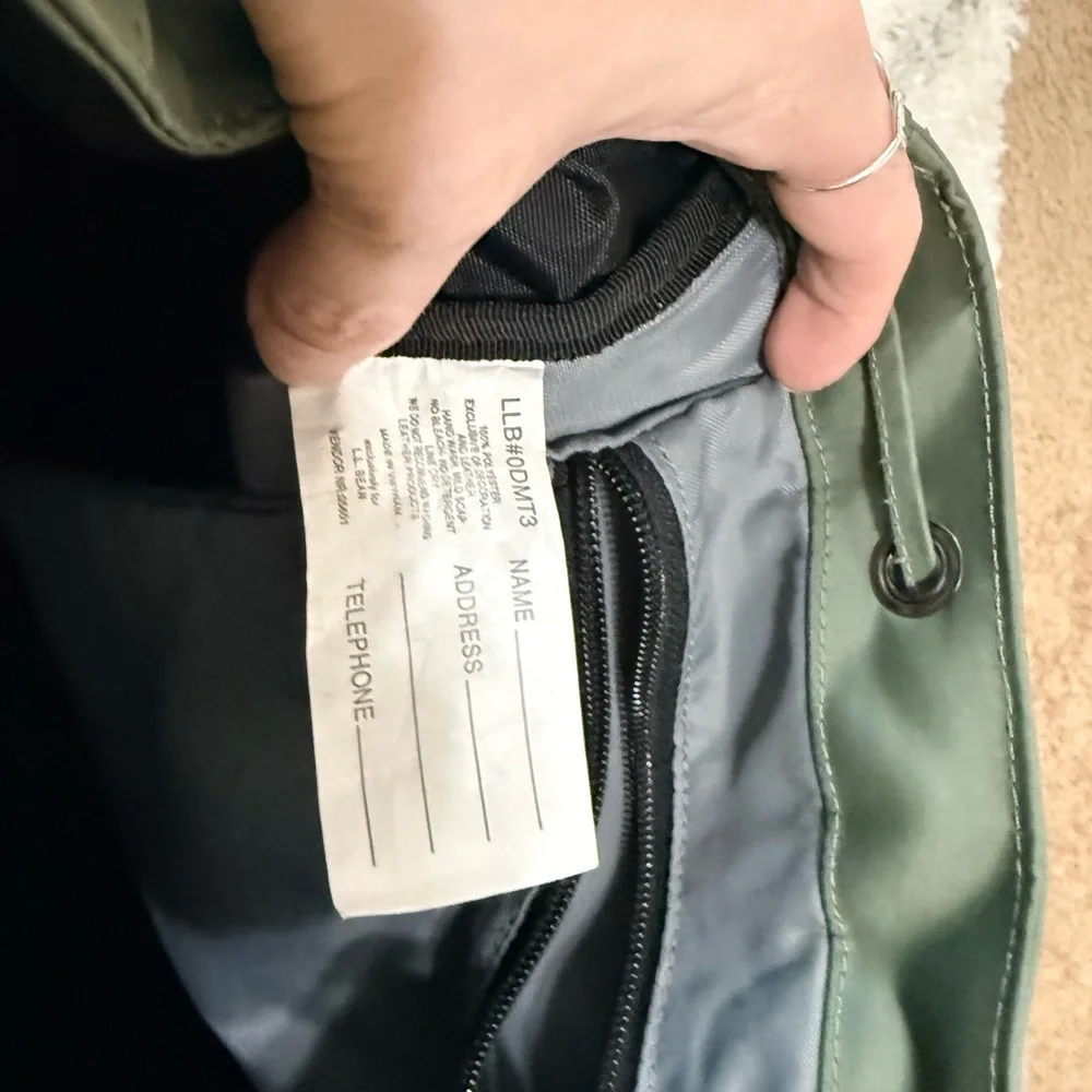L.L. Bean olive green backpack with black trim